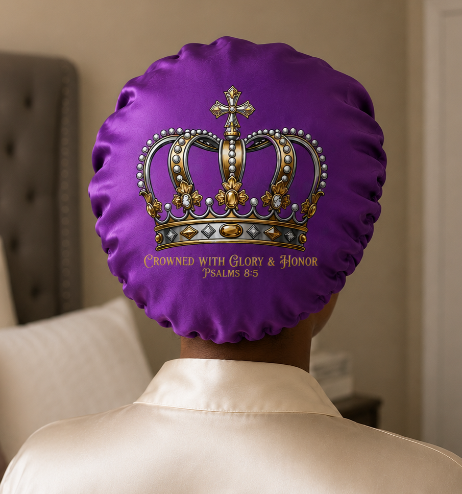 Crowned With Glory & Honor - Christian Faith Satin Hair Bonnet | Black, Purple & Red