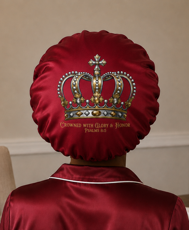 Crowned With Glory & Honor - Christian Faith Satin Hair Bonnet | Black, Purple & Red