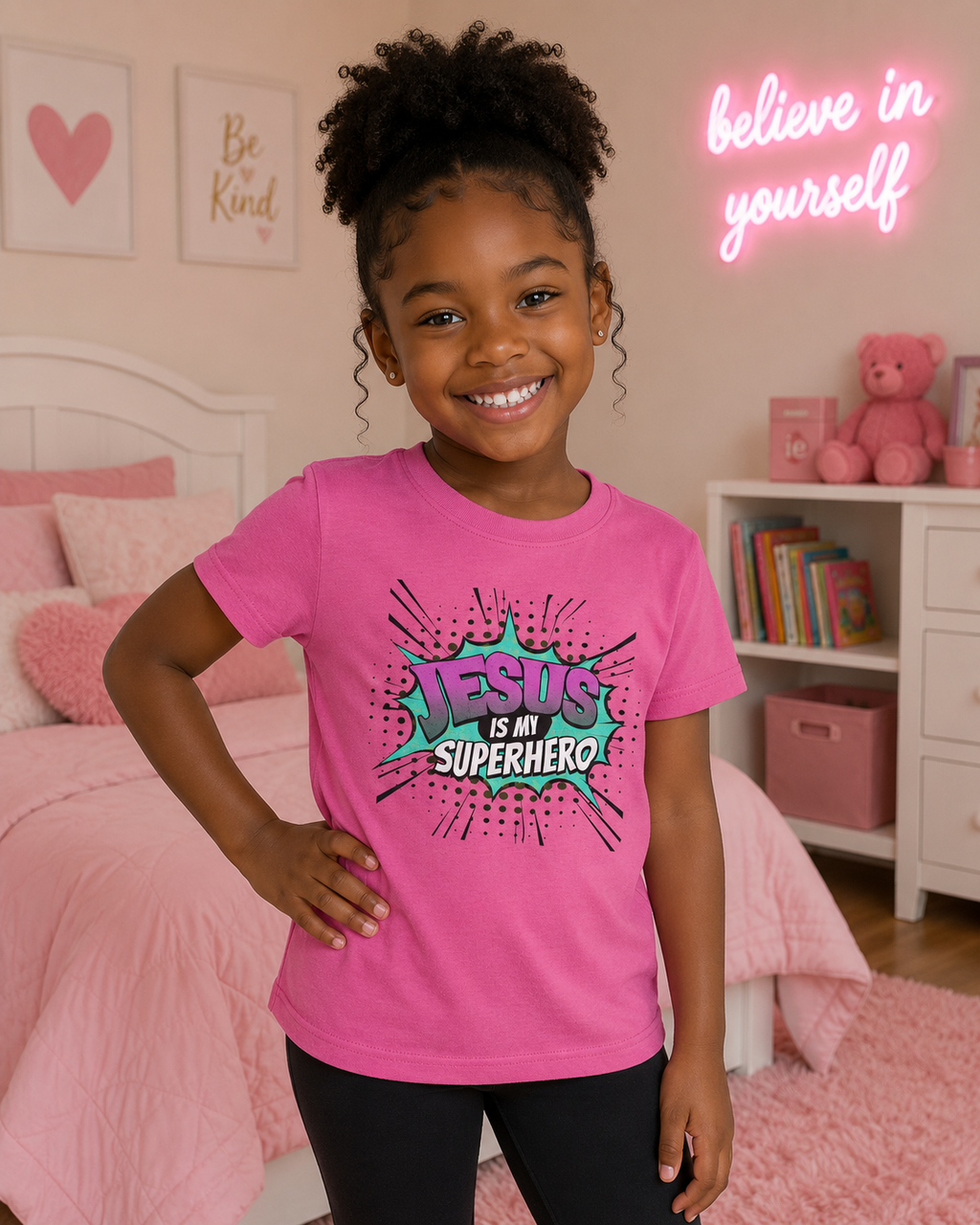 Jesus Is My Superhero - Youth Christian Faith T-Shirt | Pink, White & Orange | XS–XL