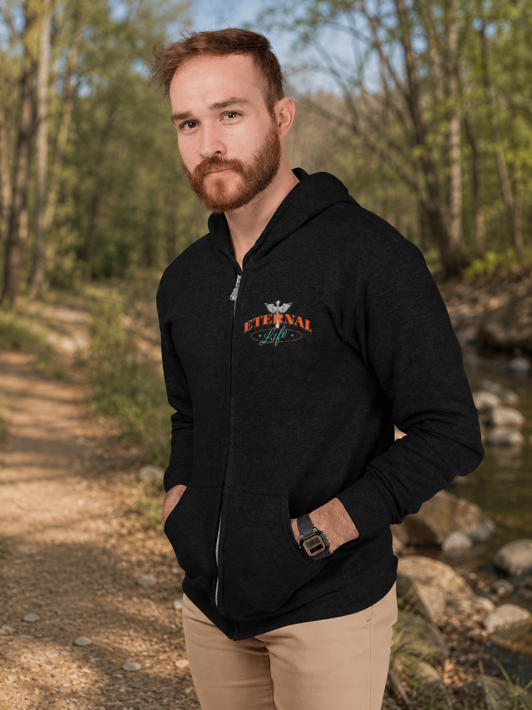 Eternal Life - Men's Christian Faith Zip Hoodie | Black | XS–XXXL