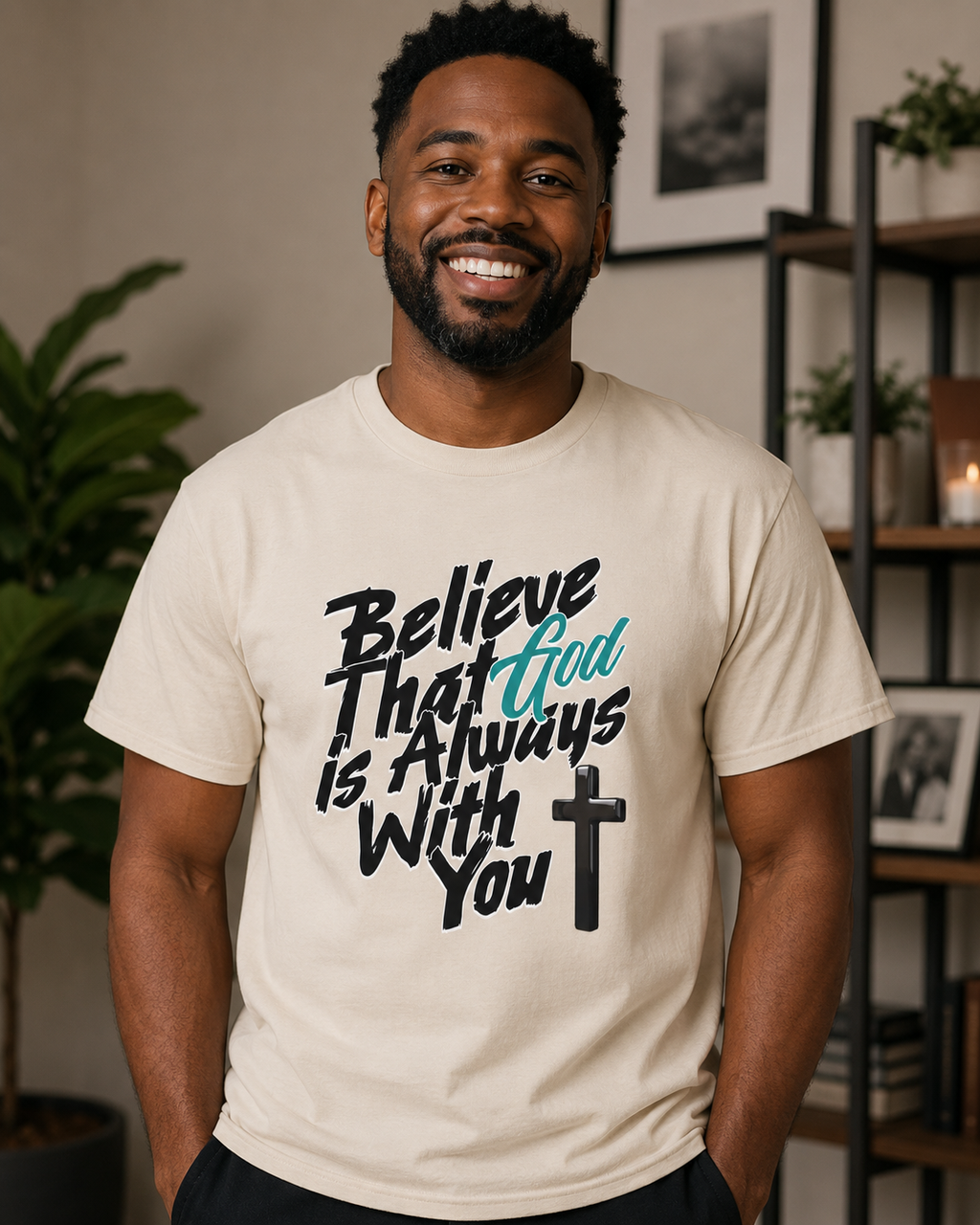 Believe God is With You - Men's Christian Faith Oversized T-Shirt | Tan & White | S–XXXL