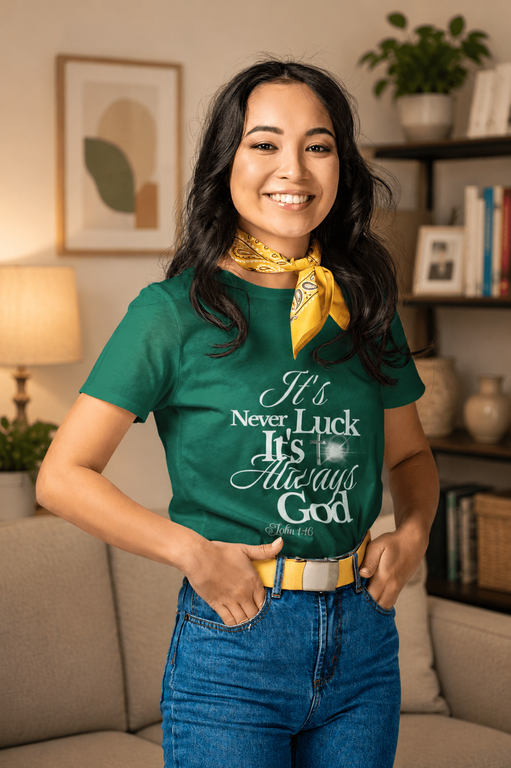 Never Luck, It's God - Women's Christian Faith T-Shirt | Green, Blue & Black | XS–4XL