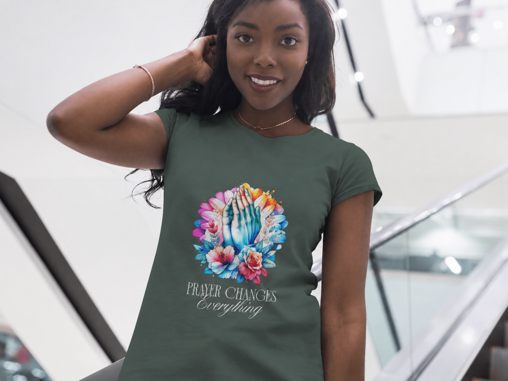 Prayer Changes Things - Women's Christian Faith Casual T-Shirt | Blue, Black & Green | XS–4XL
